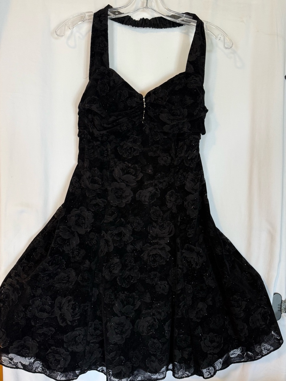 Vintage 1980s Black Floral Velvet Halter Cocktail Dress
